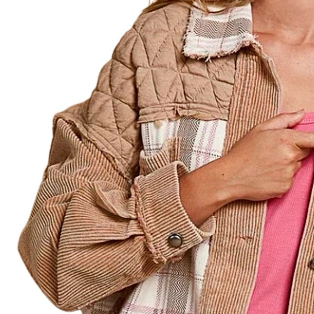 POL Corduroy Jacquard Patchwork Button Up Jacket Tan Multicolor Size S,M,L New - Picture 7 of 16